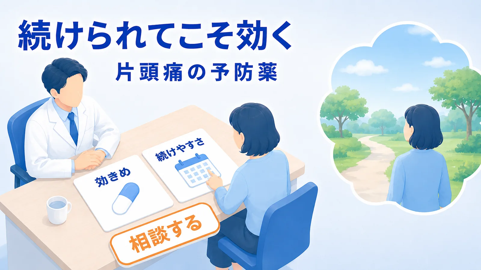 診察室の机をはさんで、白衣の医師と患者が穏やかに向かい合っているイラスト。大きな見出しで「続けられてこそ効く」「片頭痛の予防薬」、机の上には「効きめ」と書かれたカプセルのカードと「続けやすさ」と書かれたカレンダーのカードが2枚並び、患者は「続けやすさ」のカードに手を伸ばしている。手前に「相談する」のラベル、右側に散歩をしている同じ患者の情景がある