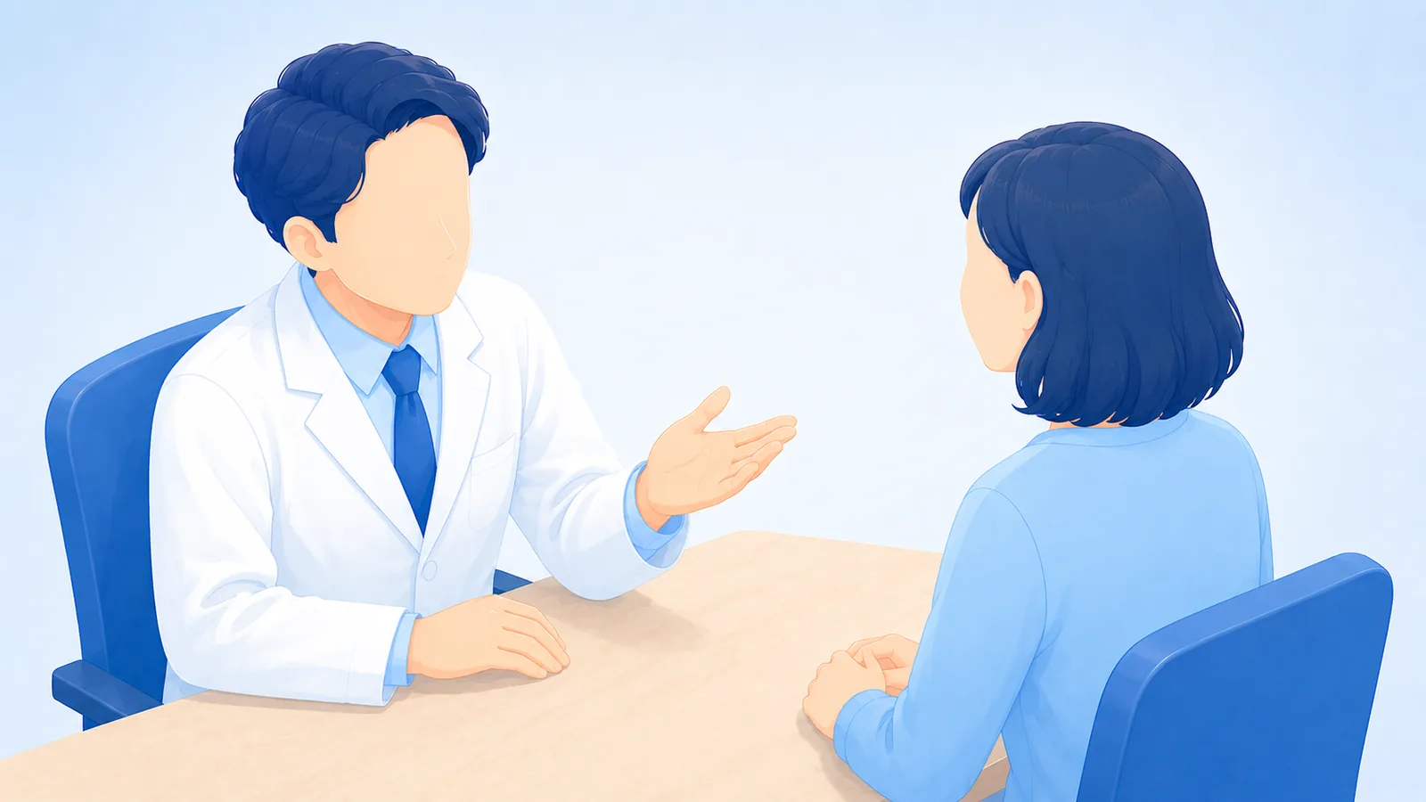 診察室の机をはさんで、白衣の医師が手ぶりを添えて、向かい合う女性に穏やかに話しかけている、片頭痛の予防薬の選び方をあつかうコラムのサムネイルイラスト