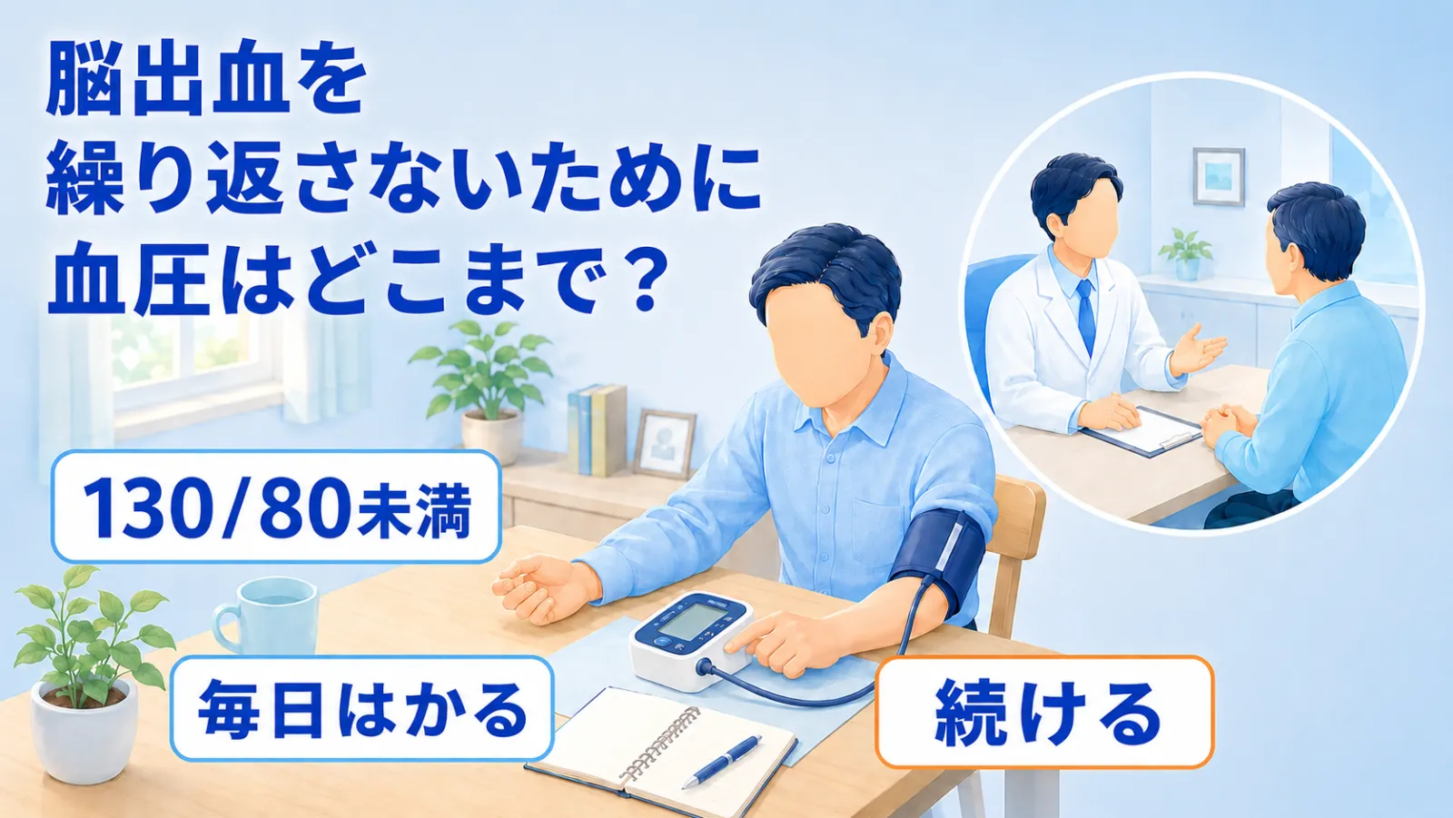 明るい自宅の食卓で、水色のシャツを着た60代くらいの男性が右腕に上腕式血圧計のカフを巻いて血圧を測っているイラスト。手前に記録用の開いたノートとペンが置かれている。右上の円形のカットでは、白衣の医師と同じ男性が診察室のテーブル越しに穏やかに向かい合って話している。大きな見出しで「脳出血を」「繰り返さないために」「血圧はどこまで？」、カードのラベルとして「130/80未満」「毎日はかる」「続ける」が置かれている
