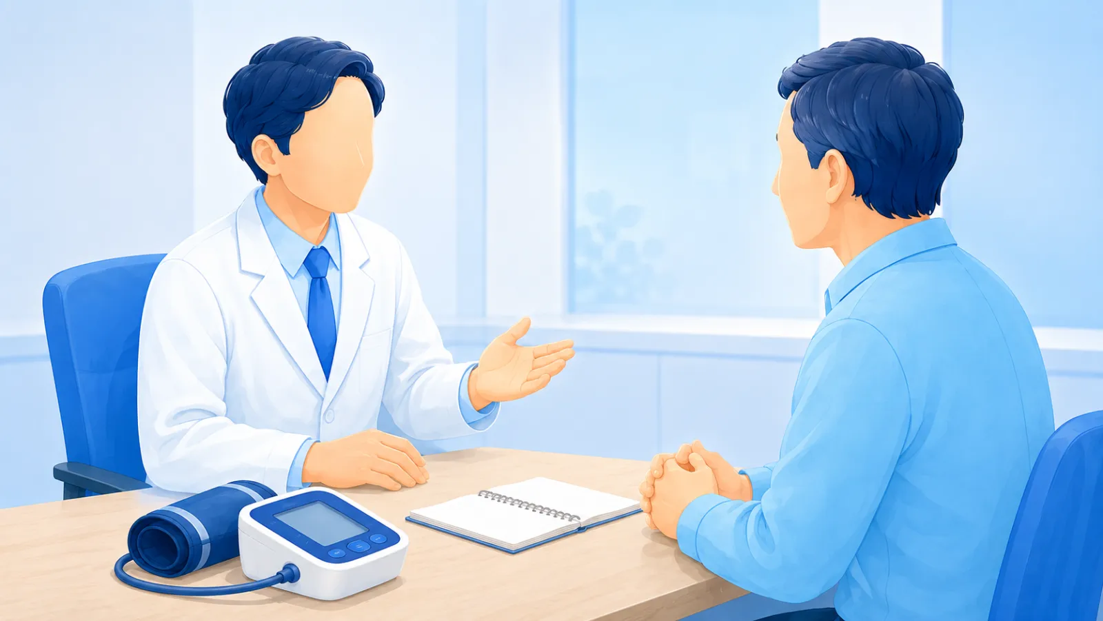 診察室の机をはさんで、白衣の医師が水色のシャツの男性に穏やかに話しかけ、机の上に上腕式の血圧計と記録用のノートが置かれている、脳出血のあとの血圧の目標をあつかうコラムのサムネイルイラスト