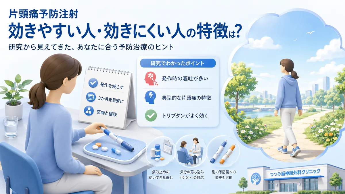 片頭痛の予防注射（CGRP抗体薬）が効きやすい人・効きにくい人の特徴をまとめたイメージ図