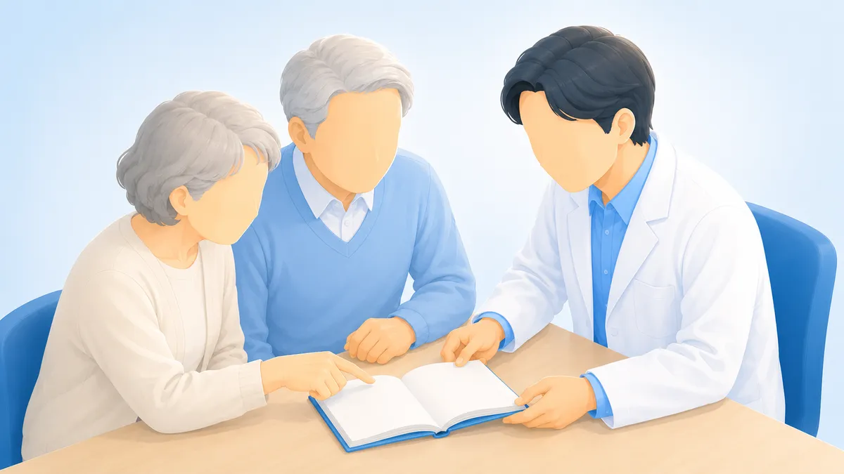 診察室の机で、白衣の医師が開いたお薬手帳を高齢のご夫婦に見せ、奥さまが手帳のページを指さしている、もの忘れと薬の数をあつかうコラムのサムネイルイラスト