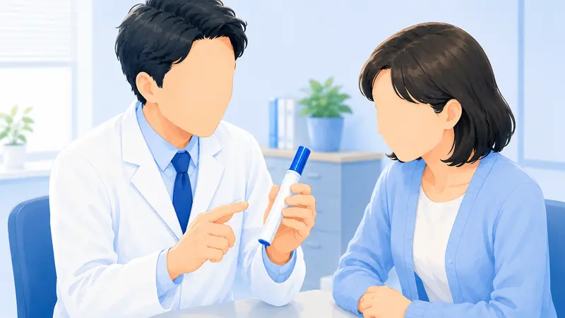 診察室で白衣の医師がペン型の注射デバイスを手に持ち、向かい合う女性に片頭痛の予防注射について説明しているコラムのサムネイルイラスト