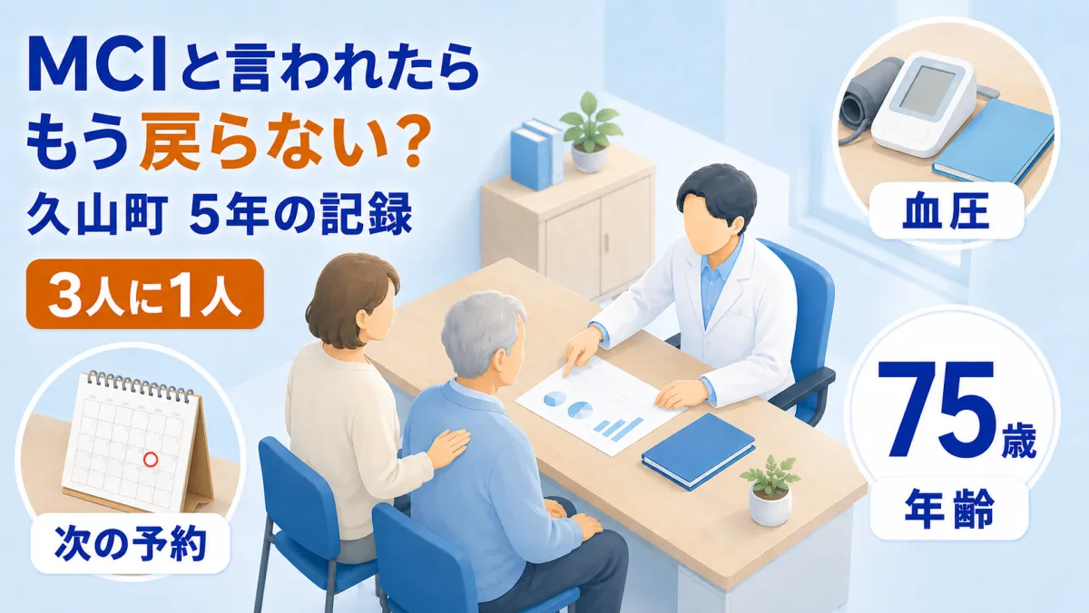 診察室で、医師が高齢の男性とご家族に検査結果の紙を指しながら説明しているイラスト。大きな見出しで「MCIと言われたら もう戻らない？ 久山町 5年の記録」、数字で「3人に1人」と書かれ、血圧計とお薬手帳・カレンダー・大きな数字「75歳」の3つの円形カットにそれぞれ「血圧」「次の予約」「年齢」のラベルが付いている