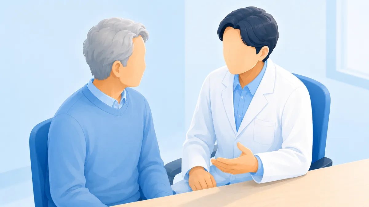 診察室で、白衣の医師が高齢の男性と向かい合い、手ぶりを添えて穏やかに話しているイラスト。軽度認知障害（MCI）と診断されたあとの経過をあつかうコラムのサムネイル