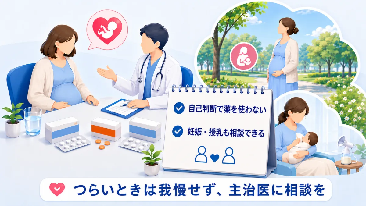 妊娠中・授乳中の片頭痛の薬選びを主治医と相談する場面のイメージイラスト