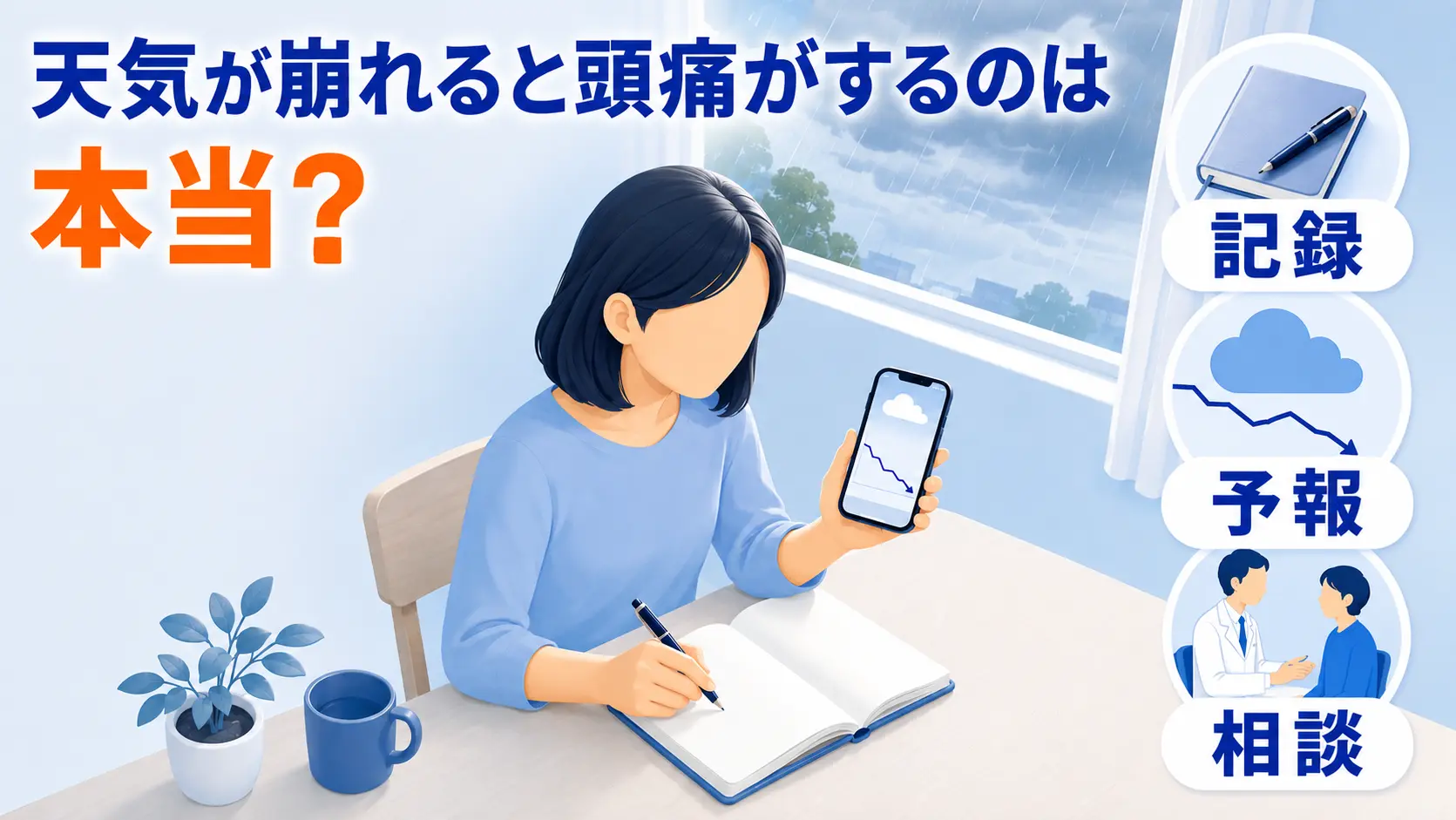 窓の外の雨雲を背に、スマホの気圧予報を確かめながらノートにメモする女性と、記録・予報・相談の3つの丸アイコンを描いたイラスト。大きな見出しで「天気が崩れると頭痛がするのは本当？」と書かれている