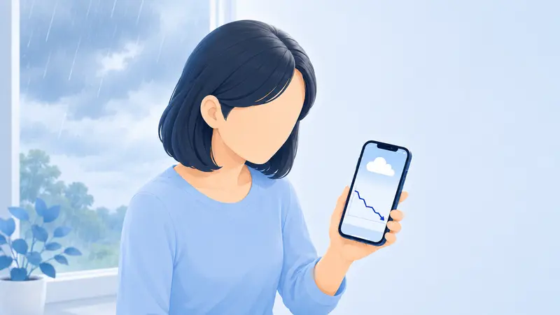 窓の外に雨雲が広がるなか、スマートフォンで気圧の予報グラフを確かめる女性を描いた、天気と頭痛をあつかうコラムのサムネイルイラスト