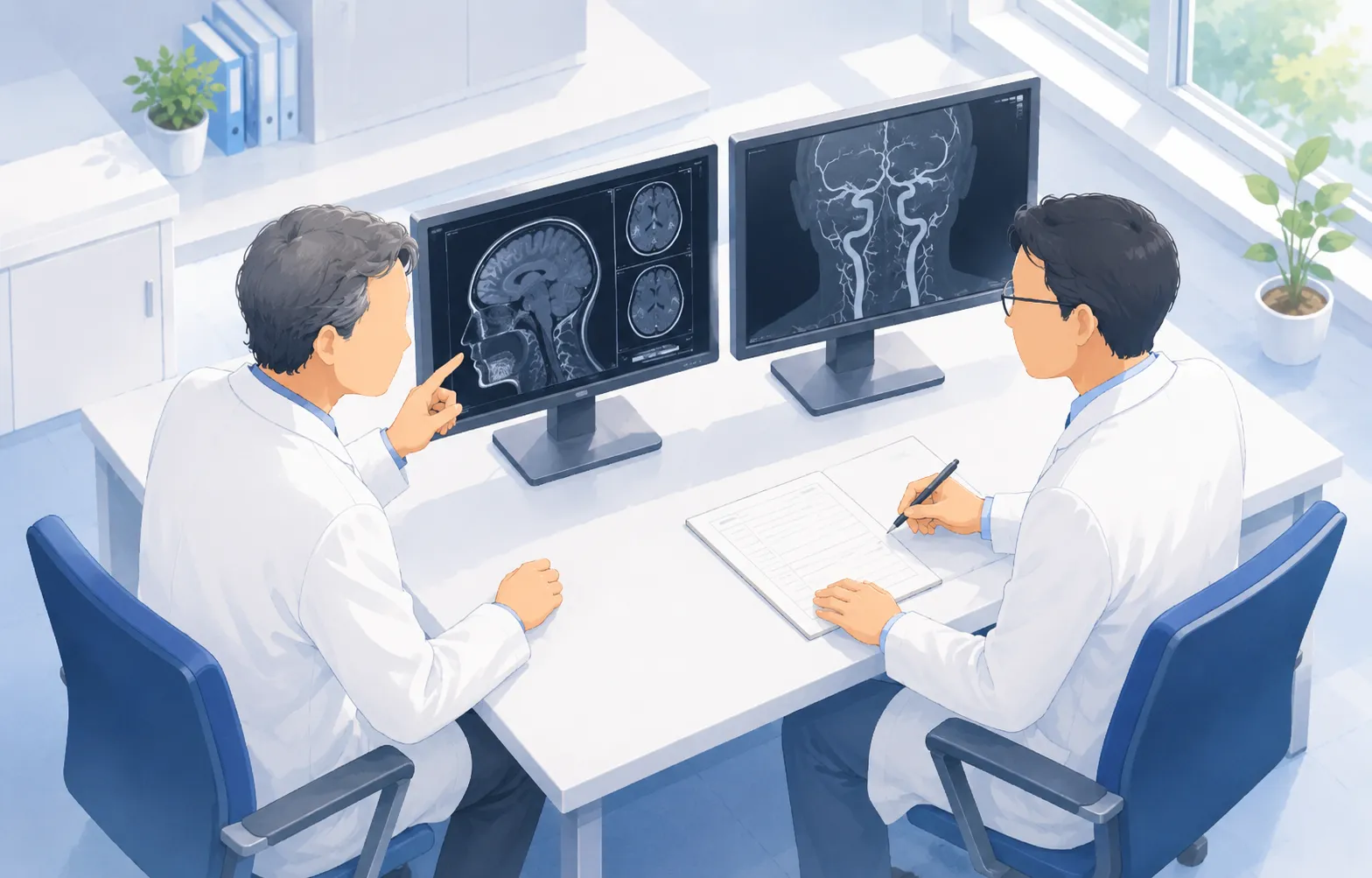 2人の専門医が読影する様子のイラスト。頭部MRIと血管の画像が映る2台のモニターを前に、1人の医師が画像を指し示し、もう1人の医師が所見をまとめている。複数の専門医が協力して画像を確認することを表す。