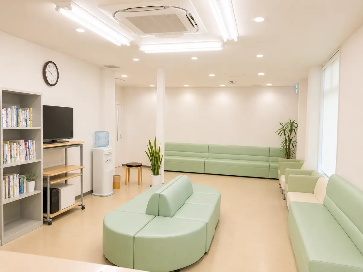 つつみ脳神経外科クリニックの待合室。淡い緑色のソファがいくつも並び、テレビや本棚、観葉植物が置かれている。