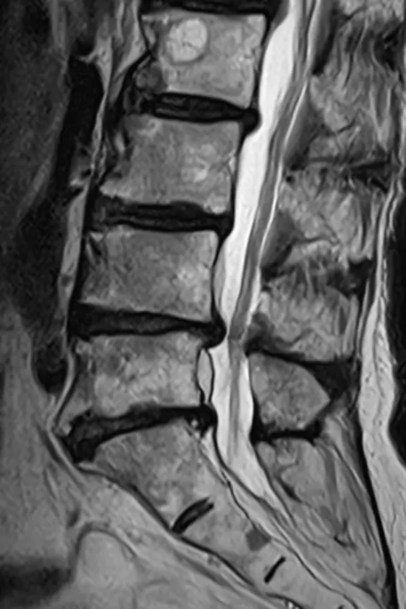 腰部脊柱管狭窄症の腰椎MRI。腰の4番目と5番目の骨の間で、椎間板が後ろにせり出し、水の白い帯がくびれて神経の通り道が狭くなっている。点線の楕円でくびれている場所を示している。