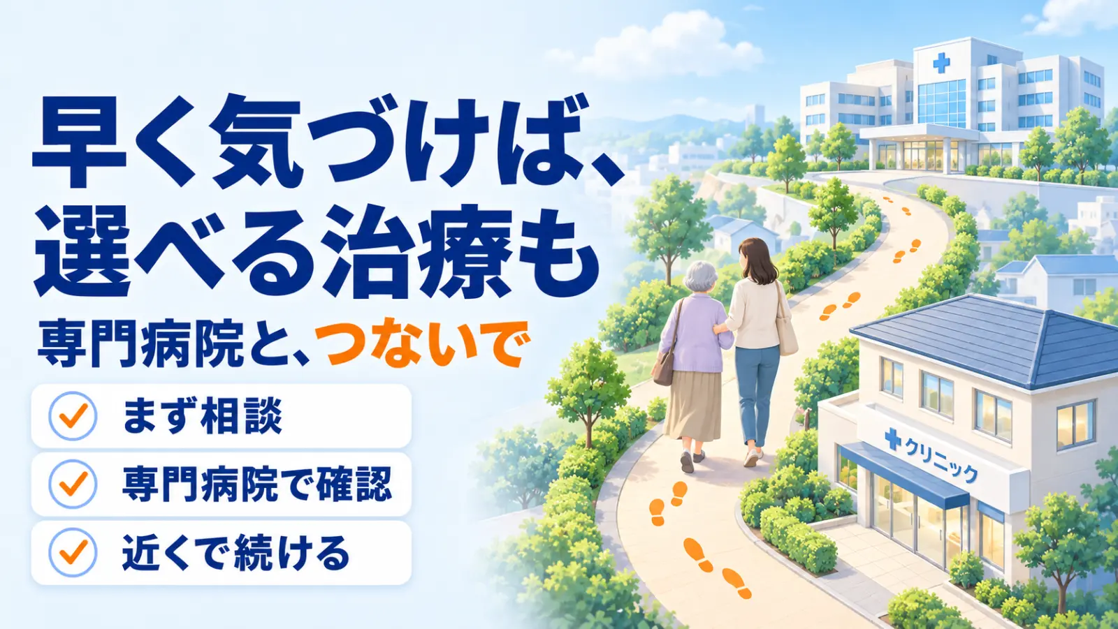アルツハイマー病の新しい治療のページ冒頭イラスト。「早く気づけば、選べる治療も」「専門病院と、つないで」の見出しと、まず相談・専門病院で確認・近くで続けるの3つの短い言葉。右側では、年配の母と付き添う娘が、町のクリニックから丘の上の専門病院へつづく散歩道を並んで歩いており、近くのクリニックと専門病院が連携して治療を進めることを表している。