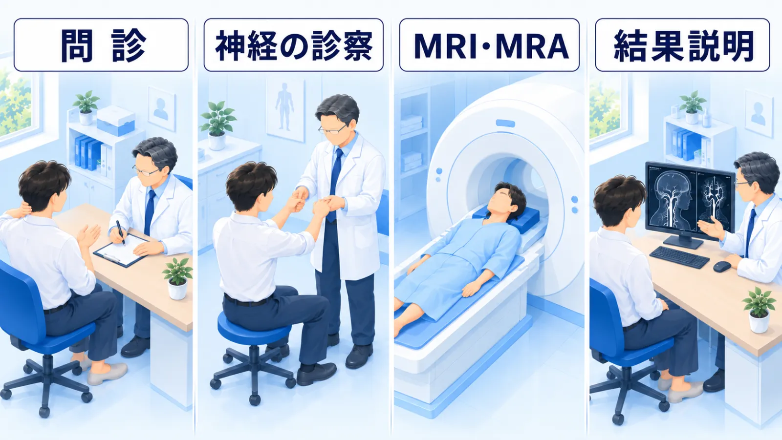 当院での受診の流れのイラスト。左から「問診」＝首の後ろに手を当てて話す男性と、問診票に書き取る医師。「神経の診察」＝医師の指を両手で握り、手の力を確かめてもらう。「MRI・MRA」＝検査着で MRI の検査台に横になる。「結果説明」＝机のモニターに映した首から頭の血管の画像を、医師が手で示して説明する。