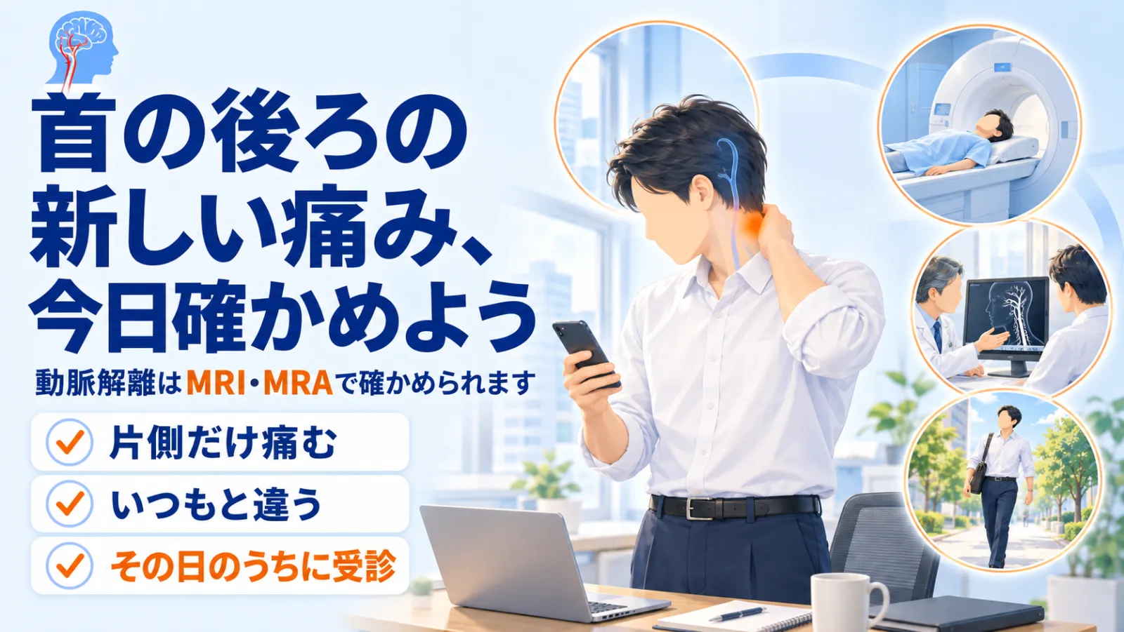 動脈解離ページの冒頭イラスト。「首の後ろの新しい痛み、今日確かめよう」「動脈解離はMRI・MRAで確かめられます」。職場の机の脇で、ワイシャツ姿の男性が片手を首の後ろに当て、スマートフォンを見ている。右の丸の中には、MRI検査を受ける同じ男性、医師がモニターの血管の画像を示して説明する場面、元気に歩く同じ男性。左下に「片側だけ痛む」「いつもと違う」「その日のうちに受診」のチェック。