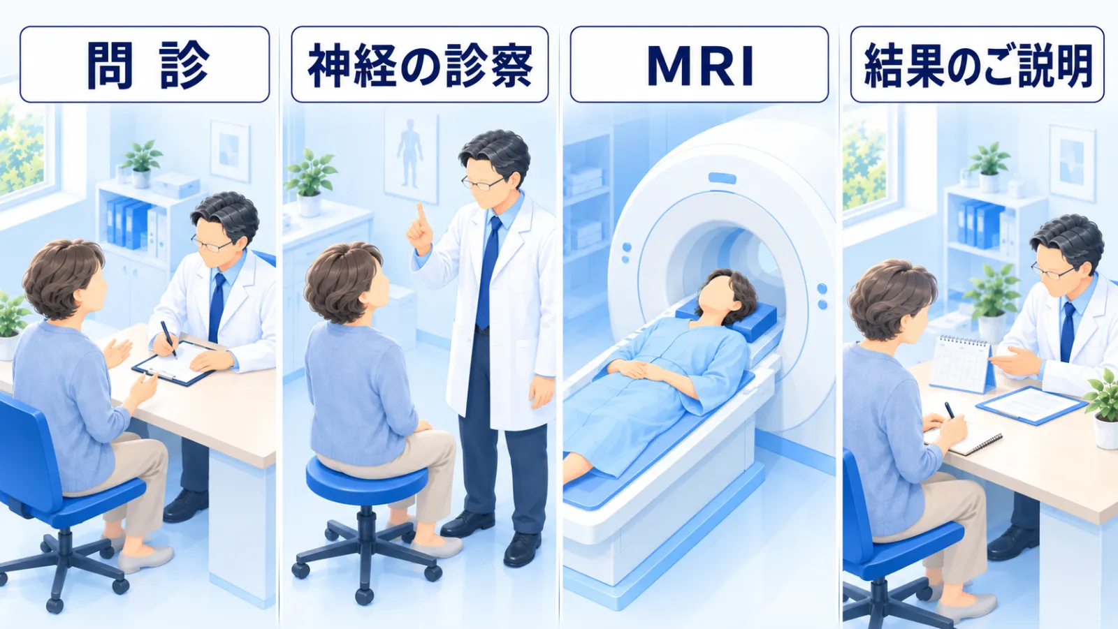 当院での受診の流れのイラスト。左から「問診」＝カーディガン姿の女性が話し、医師が問診票に書き取る。「神経の診察」＝医師が女性の目の前で指を立て、女性が目で追う。「MRI」＝検査着でMRIの検査台に横になる。「結果のご説明」＝机をはさんで、医師がカレンダーと書類を示しながら次の予定を相談し、女性がメモを取る。