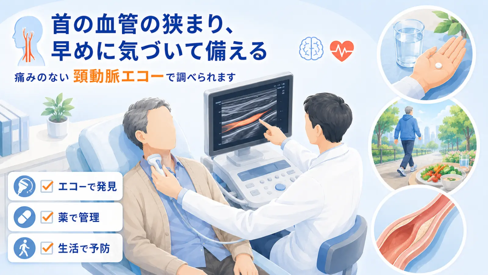 頸動脈狭窄のページ冒頭イラスト。「首の血管の狭まり、早めに気づいて備える」「痛みのない頸動脈エコーで調べられます」の見出しとともに、医師が患者の首にプローブを当ててモニターに映る血管を指し示す頸動脈エコーの場面を中心に、エコーで発見・薬で管理・生活で予防の3つのポイントと、飲み薬・ウォーキングと食事・血管の断面の図を描いている。