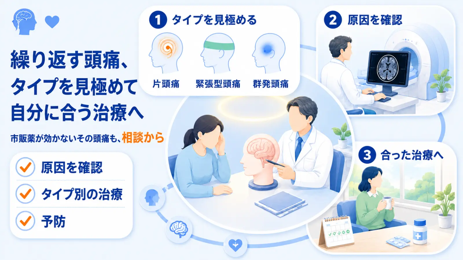 頭痛外来のページ冒頭イラスト。「繰り返す頭痛、タイプを見極めて 自分に合う治療へ」「市販薬が効かないその頭痛も、相談から」の見出しとともに、医師が患者に頭部模型を見せて相談する中心の場面、片頭痛・緊張型頭痛・群発頭痛のタイプを見極める図、医師が頭部MRI画像で原因を確認する場面、薬やカレンダーとともに穏やかに過ごす回復後の暮らしを描き、タイプを見極めて自分に合う治療につなげることを示している。
