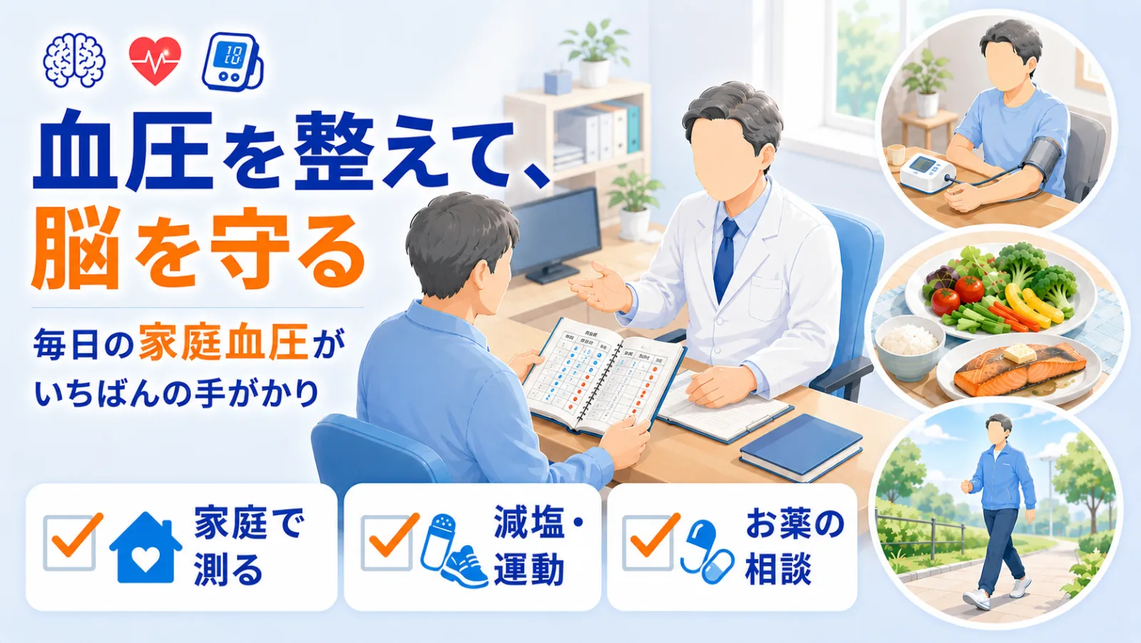 高血圧のページ冒頭イラスト。「血圧を整えて、脳を守る」の見出しとともに、診察室で医師と患者が血圧手帳を一緒に見て相談する場面。家庭での血圧測定、野菜中心の食事、ウォーキングのシーンと、家庭で測る・減塩・運動・お薬の相談のチェックリストで、毎日の血圧管理を表す。