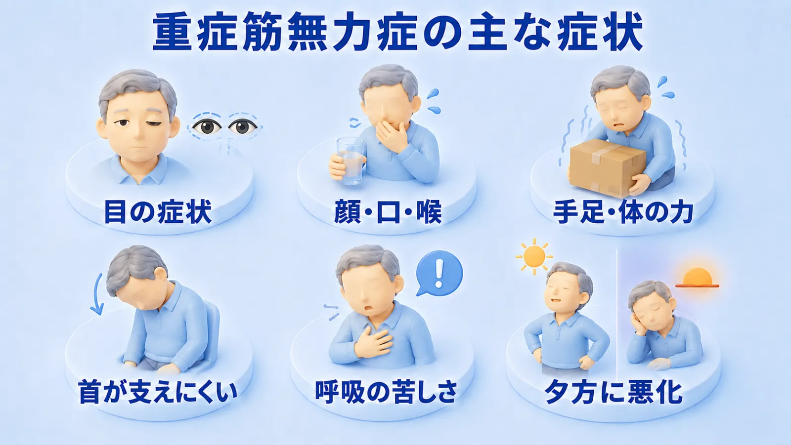 重症筋無力症の主な症状を6つの場面で示した図。目の症状（まぶたが下がる・物が二重に見える）、顔・口・喉の症状（飲み込みにくさ）、手足や体の力が抜けること、首が支えにくいこと、呼吸の苦しさ、そして朝は軽く夕方に悪化する日内変動を、それぞれイラストとラベルで描いている。