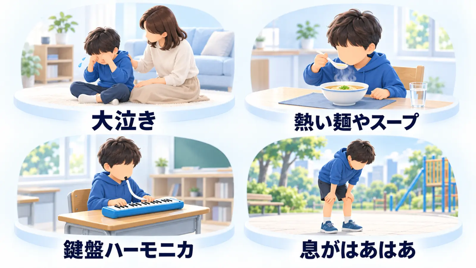 お子さんの発作のきっかけになりやすい4つの場面のイラスト。左上「大泣き」＝リビングで泣いて目元をこする男の子の背中に、母親がやさしく手を添える。右上「熱い麺やスープ」＝食卓で湯気の立つ麺を、れんげを持って冷ます。左下「鍵盤ハーモニカ」＝学校の机で鍵盤ハーモニカを吹く。右下「息がはあはあ」＝公園で走ったあと、膝に手をついて息を整える。