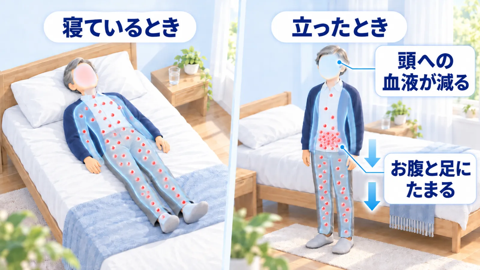 立ちくらみのしくみを左右で比べたイラスト。左の「寝ているとき」は、ベッドに横になった男性の体全体に血液を表す赤い粒が行き渡っている。右の「立ったとき」は、立った男性の赤い粒がお腹にいちばん多く集まり足にもたまって、頭の色は薄くなっており、「頭への血液が減る」「お腹と足にたまる」のラベルと下向きの矢印が添えられている。