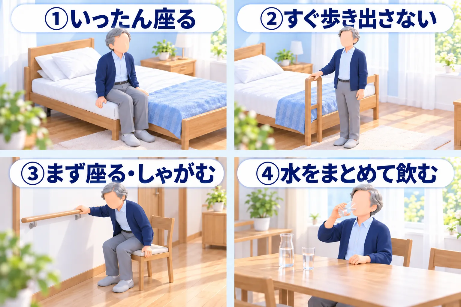 毎日の工夫を4つの場面で示したイラスト。左上の「①いったん座る」は、朝の寝室で起きた男性がベッドの端に腰かけ、両足を床につけてひと呼吸おいている。右上の「②すぐ歩き出さない」は、立ち上がった男性がベッドのわきの手すりを握り、その場で立って待っている。左下の「③まず座る・しゃがむ」は、廊下で立ちくらみを感じた男性が、壁の手すりにつかまりながら近くの椅子に腰を下ろしている。右下の「④水をまとめて飲む」は、朝の食卓で男性がコップの水を飲み、テーブルには水の入った水差しともう1杯のコップが置かれている。