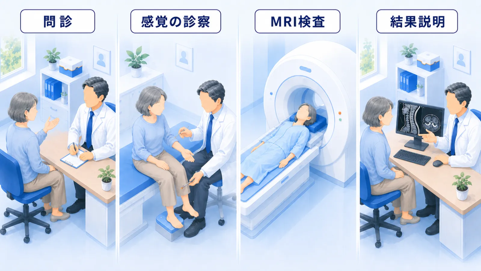 受診から診断までの流れを4場面で示したイラスト。①問診：机をはさんで医師と患者が向かい合い、いつ・どこからしびれが広がったかを聞き取る。②感覚の診察：医師が筆で患者の手足に触れ、しびれの範囲や左右差を調べる。③MRI検査：患者が検査着で寝台にあお向けに横たわり、頭側がMRI装置に入る。④結果説明：机をはさんで斜めに向かい合い、デスクトップ型モニターに検査画像を映して医師が説明する。同じ患者が4場面を通して進んでいく。