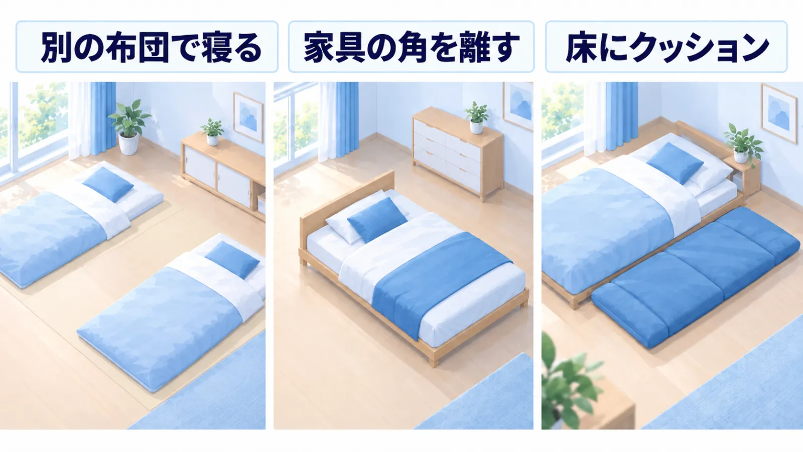 寝室の工夫を3つの区画で示した図。「別の布団で寝る」＝2組の布団を離して敷いた寝室。「家具の角を離す」＝ベッドのまわりに物を置かず、たんすを壁際に離した寝室。「床にクッション」＝低い寝床の横に厚いクッションを敷いた寝室。