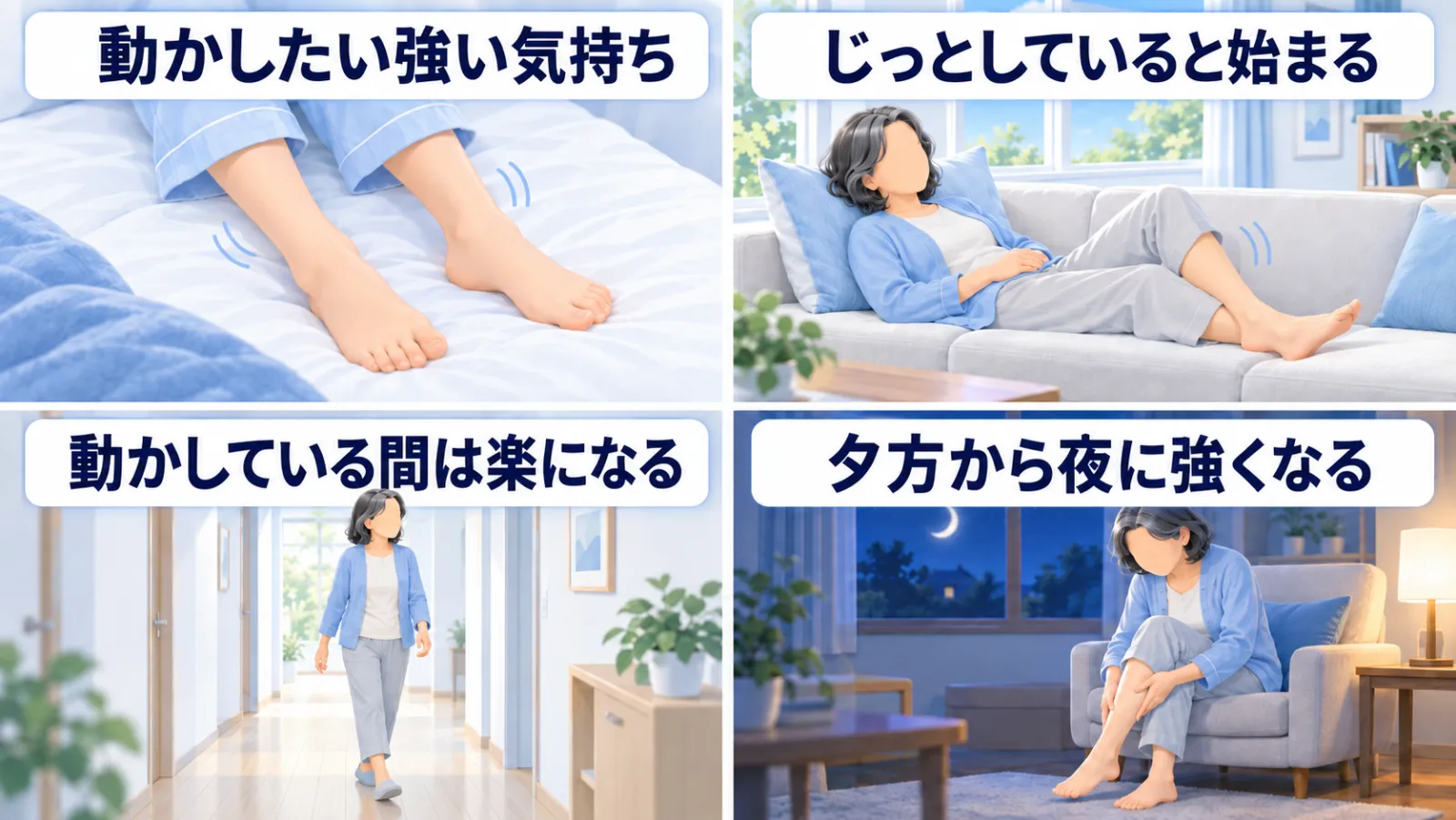 4つの特徴を4つの区画で示した図。「動かしたい強い気持ち」＝布団の上で落ち着かずに動く両脚。「じっとしていると始まる」＝昼、ソファに横になって休む女性の脚が動きかける。「動かしている間は楽になる」＝家の廊下をゆったり歩く女性。「夕方から夜に強くなる」＝月の出た夜の居間で、椅子に座ってふくらはぎをさする女性。