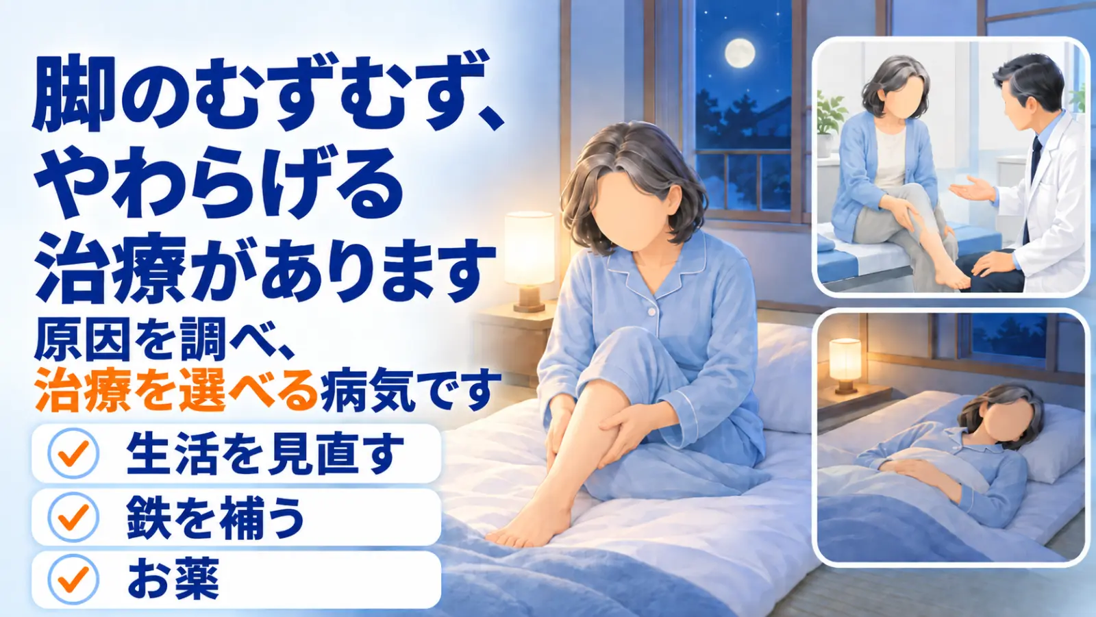 夜、布団の上で上半身を起こし、ふくらはぎをさする女性。右に、診察ベッドに腰かけて医師に脚の様子を伝える場面と、布団で穏やかに眠る場面。「脚のむずむず、やわらげる治療があります」「原因を調べ、治療を選べる病気です」「生活を見直す」「鉄を補う」「お薬」の文字。