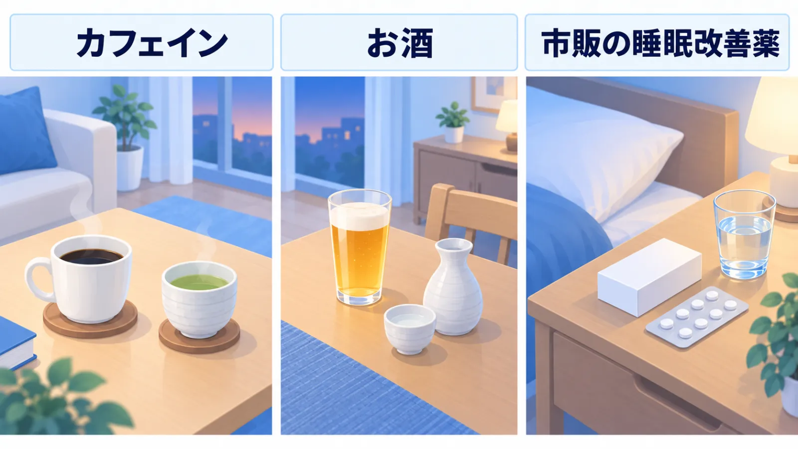 症状を悪くすることがあるものを3つの区画で示した図。「カフェイン」＝夕方のテーブルのコーヒーと緑茶。「お酒」＝夕食後のテーブルのビールと日本酒。「市販の睡眠改善薬」＝枕元の台に置いた飲み薬の箱と錠剤と水。