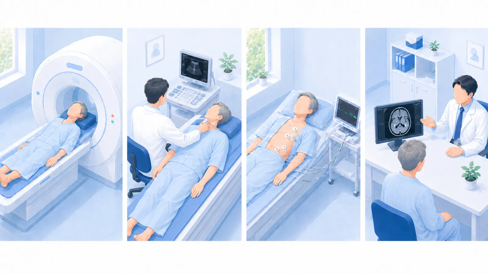 TIA の検査の流れを左から右に4場面で並べたイラスト。MRI 撮影、医師による頸動脈エコー、心電図、診察室で電子カルテの頭部MRI画像を見ながらの結果説明・再発予防の相談の順に、同じご本人が進んでいく。